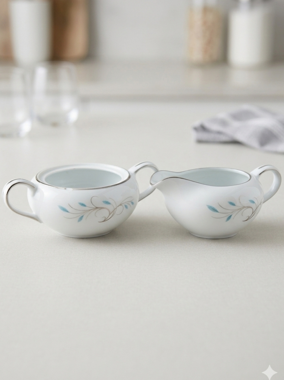 Hira Fine China Japan Vintage Creamer Sugar Bowl Set Blue Leaf Mid Century